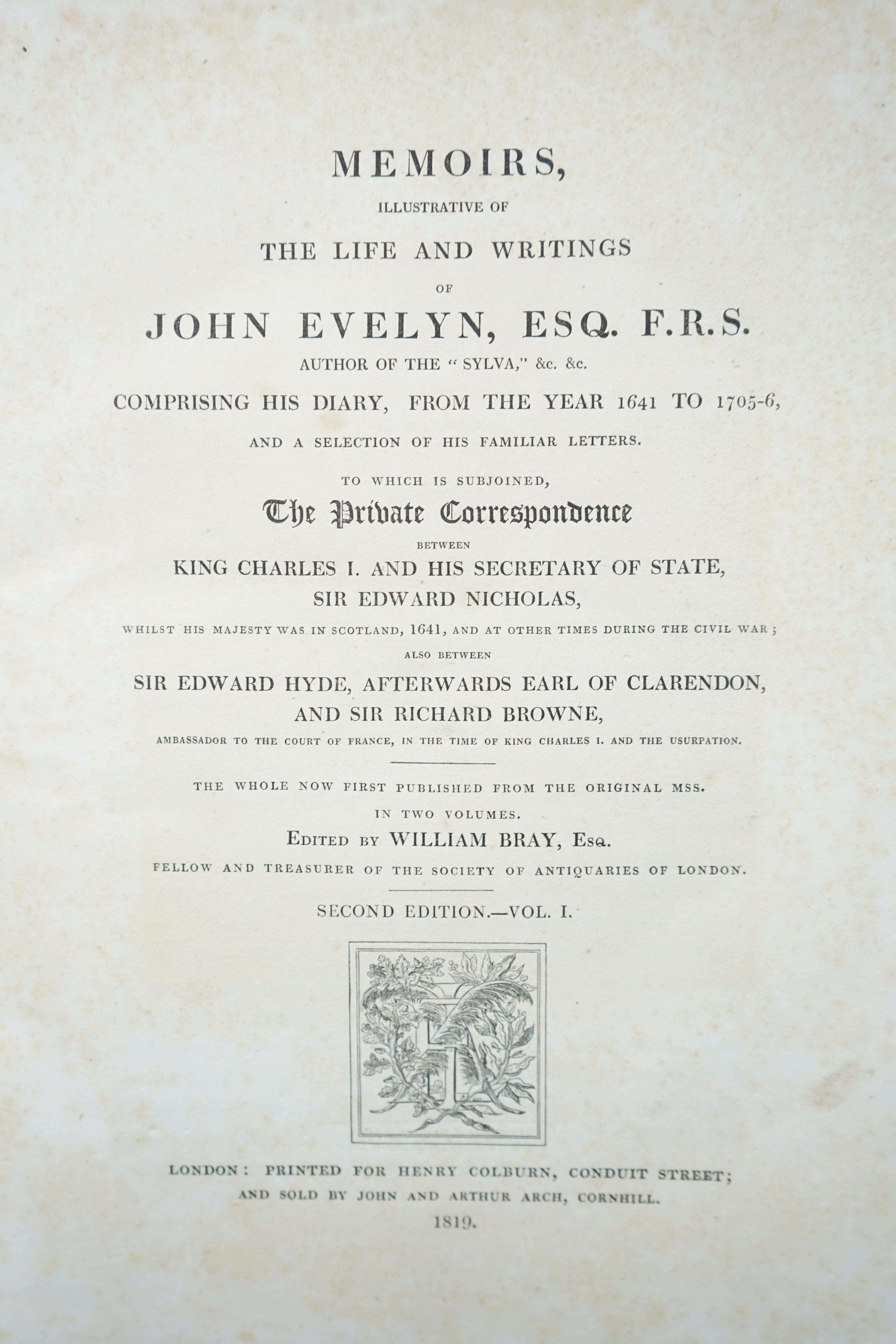 Evelyn , John - Memoirs Illustrative of the Life and Writings of John Evelyn, Esq. F.R.S., edited by William Bray, 2 Vols, 2nd edition, large paper copy, rebound quarter calf with renewed endpapers, with 12 engraved plat